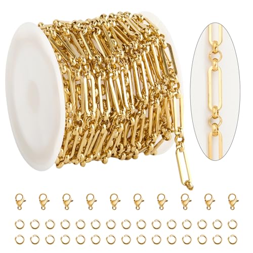 KYUNHOO 13 Feet Stainless Steel Chain Necklace for Jewelry Making | 4MM Wide Paperclip Chains Small Circle Link Chain Gold Jewelry Making Chains with Lobster Clasps and Jump Rings - color: Paperclip Gold