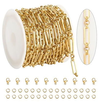 KYUNHOO 13 Feet Stainless Steel Chain Necklace for Jewelry Making | 4MM Wide Paperclip Chains Small Circle Link Chain Gold Jewelry Making Chains with Lobster Clasps and Jump Rings - color: Paperclip Gold