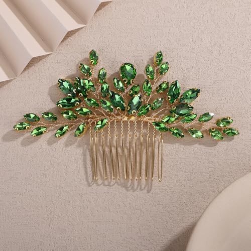 Teyglen Bridal Crystal Hair Comb Full Green Rhinestone Wedding Hair Comb Teardrop Hair Piece for Bride Wedding Hair Accessories for Women Bridal Headpiece (Green) - color: Green
