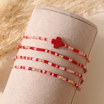 Christian Cross Christmas Stackable Seed Beaded Bracelets for Women, Boho Colorful Healing Stretch Accessories God Christ Pray Faith Amulet Jewelry, Daily Party Holiday Friendship Gift - color: Red