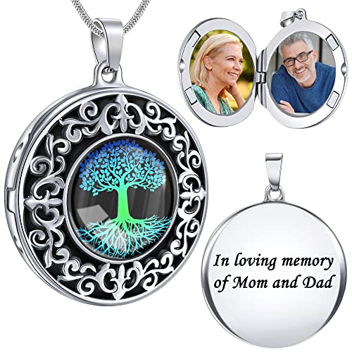 Farfume Personalized Photo Necklace for Women/Men, Memorial Jewelry Gifts | Holds 2 Pictures Pendant, Custom Engraved Text, Beautiful Locket for Girls, Durable Stainless Steel, Mothers Day Gifts - color: A-3 Life tree locket necklace