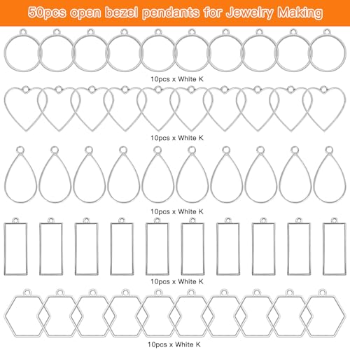 Oubaka 50pcs Open Bezels 5 Styles Open Frame Pendant Open Back Bezel Pendants Geometric Hollow Frame Pendant for Resin Casting, Necklace, Earrings, Pressed Flower, DIY Crafts(White K) - color: 50pcs;White K;5 Styles;B