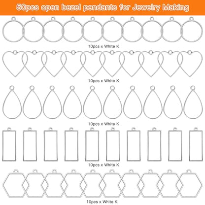Oubaka 50pcs Open Bezels 5 Styles Open Frame Pendant Open Back Bezel Pendants Geometric Hollow Frame Pendant for Resin Casting, Necklace, Earrings, Pressed Flower, DIY Crafts(White K) - color: 50pcs;White K;5 Styles;B