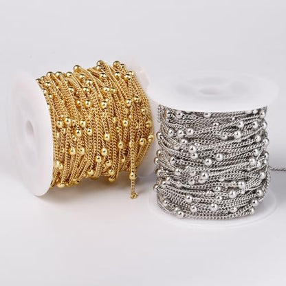 33FT 2mm Stainless Steel Satellite Bead Chains Roll Bulk for Jewelry Making | 304 Stainless Steel Ball Beaded Twisted Curb Link Chains Spool for DIY Craft - color: Stainless Steel Big Beads Satellite Curb Chain