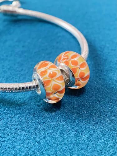 2pcs Authentic 925 Silver Murano Glass Flower Charms for Pandora Bracelets - color: 06-Orange flowers