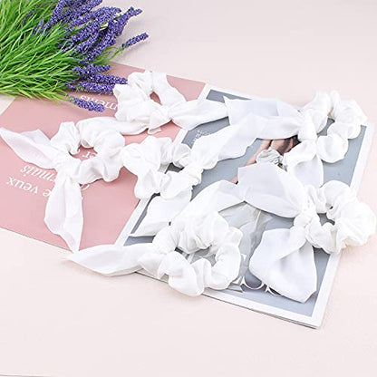 Jaciya White Silk Hair Ties Scrunchies for Hair Girls, Bunny Ears and Tail Design, 6 Count - color: White