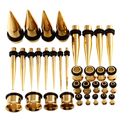 36pcs Ear Stretching Kit 14G-00G Surgical Steel Tapers Tunnels Gauges Set for Starter Women and Men Expanders Body Piercing Jewelry - color: Goldtone