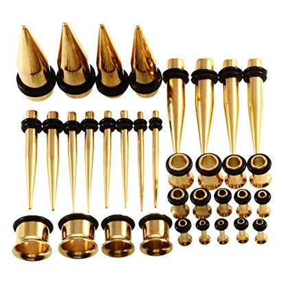 36pcs Ear Stretching Kit 14G-00G Surgical Steel Tapers Tunnels Gauges Set for Starter Women and Men Expanders Body Piercing Jewelry - color: Goldtone