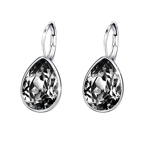 Xuping Jewelry Huggies Crystal Teardrop Earrings for Women Clear Crystals Leverback Silver Earring Fashion Party Jewelry Gifts - color: Black