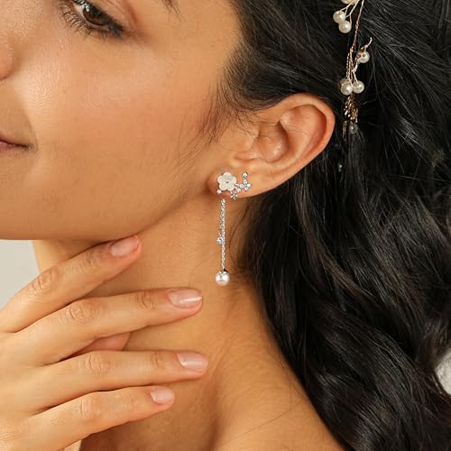 Pearl Earrings for Women, 14k Gold Plated Trendy Diamond Pearl Drop Earrings Hypoallergenic Dainty Bridal Gifts Wedding jewelry for Women - color: Gold-Pearl Style F