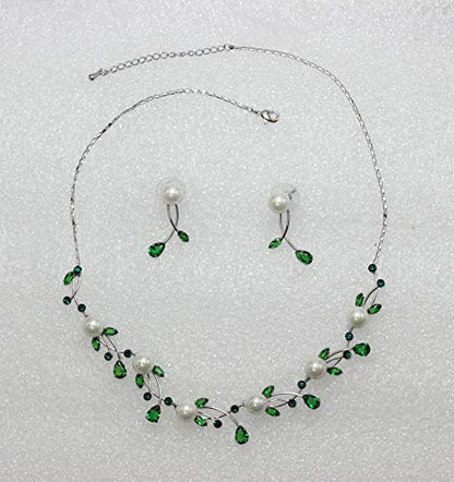 Faship Genuine 10mm Freshwater Pearls Floral Necklace Earrings Set | Premium CZ Crystal, Gorgeous, Sparkling - color: Green