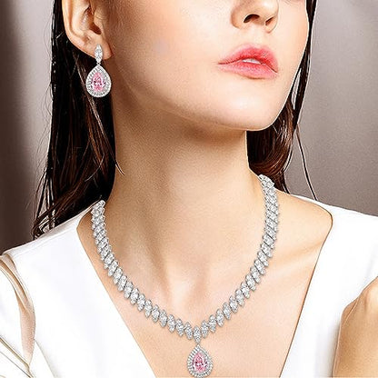 EVER FAITH CZ Marquise Leaf Teardrop Wedding Prom Jewelry Set for Women | Birthstone Pendant Necklace Dangle Earrings - color: Pink