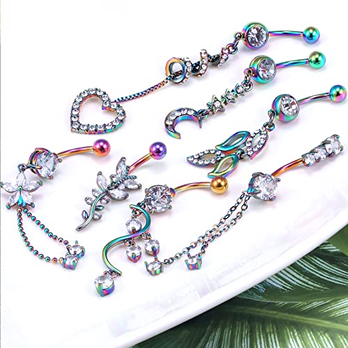 7PCS 14G 10mm Stainless Steel Dangle Belly Button Rings for Women Belly Piercing CZ Inlaid - style: Rainbrow