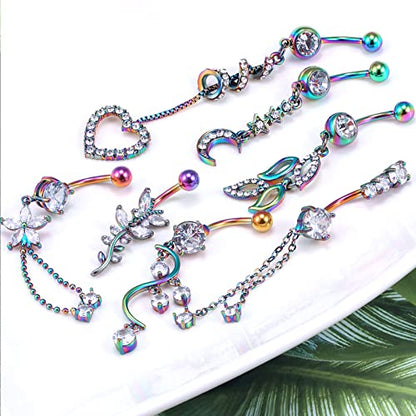 7PCS 14G 10mm Stainless Steel Dangle Belly Button Rings for Women Belly Piercing CZ Inlaid - style: Rainbrow