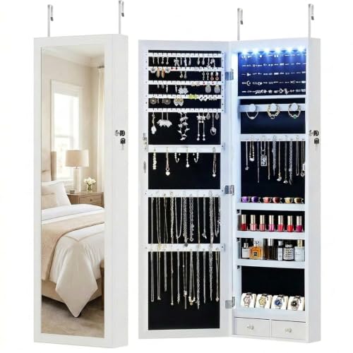 DUMOS 6 LEDs Mirror Jewelry Cabinet, Wall or Door Mounted Jewelry Organizer, 47.2-Inch Tall Lockable Large Capacity Cosmetic Storage, Gift Idea, White | Hanging Door or Wall Mounted Mirror, Lockable, Large Capacity Cosmetic Storage, 2 Drawers, Gift Idea,