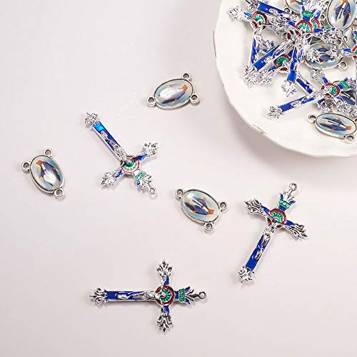 SUNNYCLUE 1 Box 20Pcs Easter Holiday Tibetan Style Rosary Cross and Center with Alloy Cross Pendants and Oval Chandelier Links for Rosary Beads Jewelry Necklace Making Supplies - color: 20pcs Double Sided Blue Themed Cross Charms and Linking Connectors