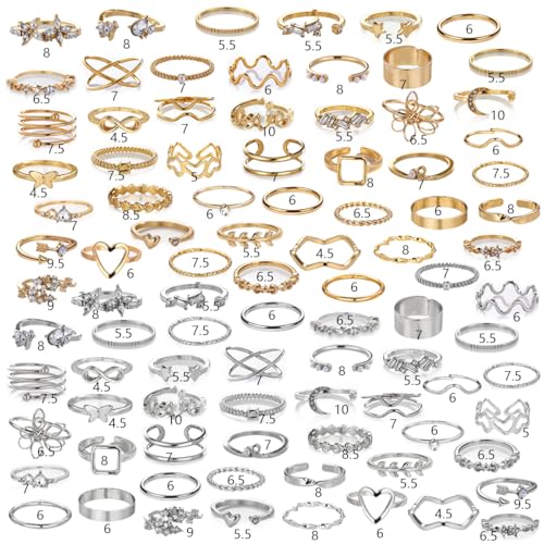 42-Piece Gold Tone Stackable Ring Set for Women, Boho Minimalist Stacking Rings with Crystal & Heart Accents, Adjustable Open Band Jewelry for Daily Wear - style: ZH00098