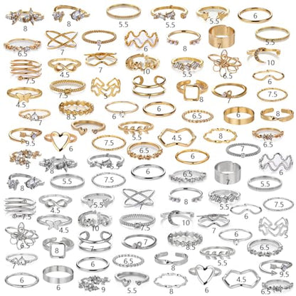 42-Piece Gold Tone Stackable Ring Set for Women, Boho Minimalist Stacking Rings with Crystal & Heart Accents, Adjustable Open Band Jewelry for Daily Wear - style: ZH00098