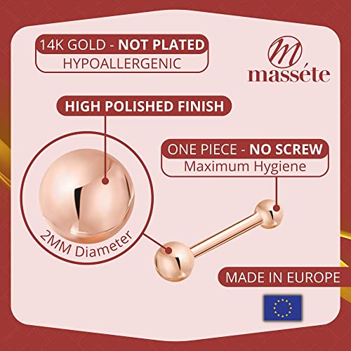 Massete 18k 14k Gold Nose Ring - 20g Nose Stud, Hypoallergenic Threadless Piercings for Women Men, Yellow White Rose Real Gold Standard or Long Nose Rings Studs, CZ or Ball Nose Piercing Jewelry - color: Simulated Diamond & Ball - 14k Rose Gold - 2 Pack,