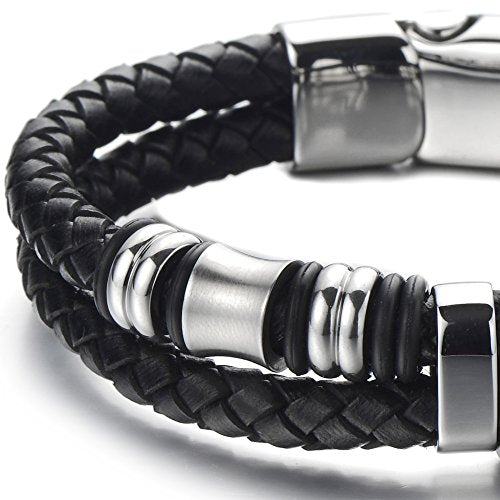COOLSTEELANDBEYOND Mens Double-Row Braided Leather Bracelet Bangle Wristband with Black Stainless Steel Ornaments - color: B-Black Silver