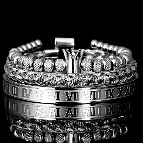3pcs/set Classical Handmade Braiding Bracelet Hip Hop Men Pave CZ Leopard Head Roman Numeral Bracelet Stainless Steel Jewelry - color: 3pcs C Crwon Silver