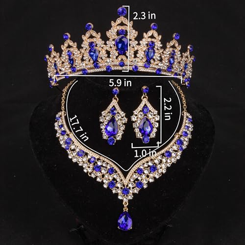 Crowns and Tiaras jewelry sets for Wedding princess birthday party Halloween Prom Pageant Jewelry for Women Crystal Bridal Jewelry Set for women - color: Gold Blue