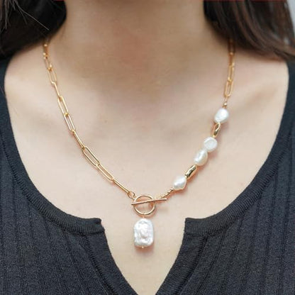 Gold Cuban Chain Necklace Baroque Pearl Necklace 14K Gold Plated Freshwater Pearl Pendant Necklace Daily Jewelly for Women