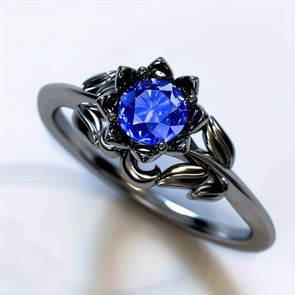 Cubic Zirconia Rings For Women, Gothic Ring Black Flower Crystal Stackable Trendy Floral Eternity Travel Engagement Statement Wedding Birthday Jewelry Gift - color: Goth Black Blue