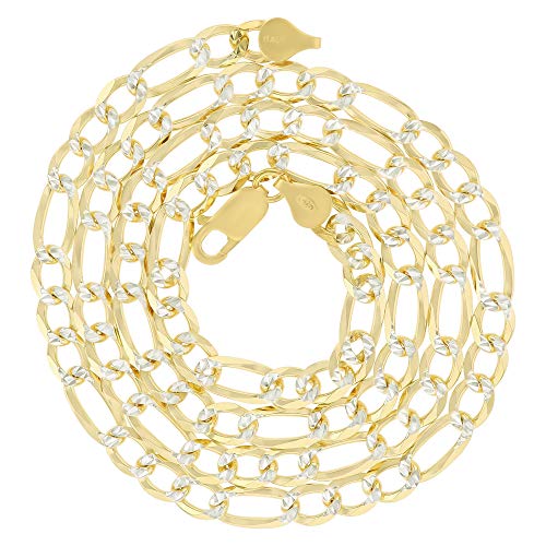 14K Gold or Rhodium Plated Silver Figaro Diamond Cut Pave Chain For Men | 1mm-13mm Thick | Solid 925 Figaro Italian Necklaces For Men - style: 5.80MM- Yellow & White