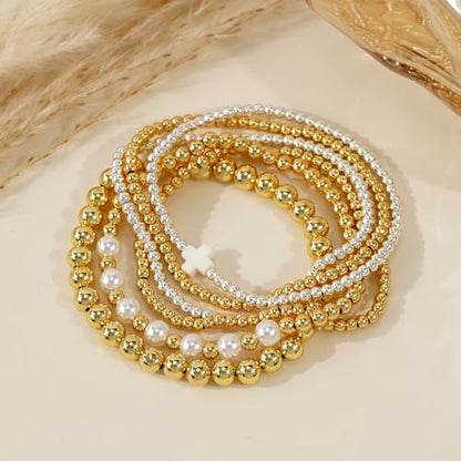 Silver Gold Beaded Bracelets for Women Stackable 14K Gold Plated Beads Ball Cross Bracelet Stack Non Tarnish Elastic Stretch Trendy Jewelry Christian Friendship Christmas Gifts for Women - color: 6pcs-White Cross