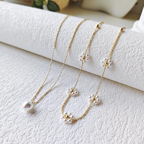 Zeffy Gold Pearl Necklace for Women, Dainty 14K Gold/Silve Plated Layered Pearl Choker Pearl Earrings Pearl Bracelets Wedding Trendy Gold Jewelry Set for Women Gifts - style: Gold Pearl Daisy Necklace-2PCS