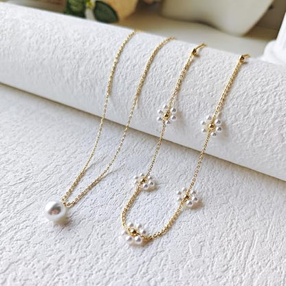 Zeffy Gold Pearl Necklace for Women, Dainty 14K Gold/Silve Plated Layered Pearl Choker Pearl Earrings Pearl Bracelets Wedding Trendy Gold Jewelry Set for Women Gifts - style: Gold Pearl Daisy Necklace-2PCS