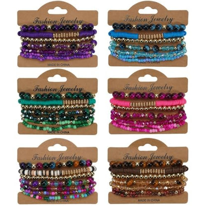 7Pcs Bohemia Multilayer Stackable Crystal Beaded Bracelet Set Multicolor Surfer Heishi Clay Gold Beaded Friendship Stretch Bracelets for Women Men Summer Beach Boho Vacation Jewelry Gifts - color: Blue