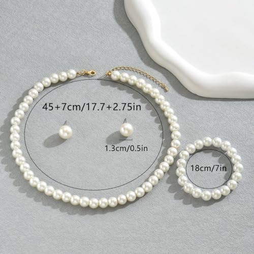 CSIYANJRY99 Pearl Necklace and Earring Set Faux Pearl Jewelry Sets for Women Imitation Beaded Pearl Necklace Bracelet Stud Earrings for Women - color: White Pearl