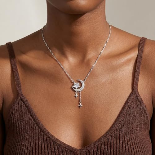Reffeer Solid 925 Sterling Silver Moon Star Necklace for Women Teen Girls CZ Moon Choker Necklace Dainty Star Pendant Necklace - color: A-Silver