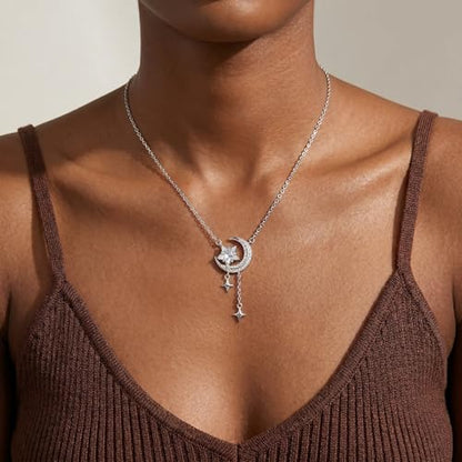 Reffeer Solid 925 Sterling Silver Moon Star Necklace for Women Teen Girls CZ Moon Choker Necklace Dainty Star Pendant Necklace - color: A-Silver