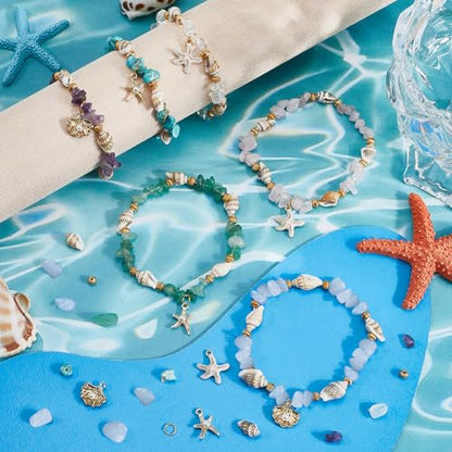 SUNNYCLUE 1 Box 6 Sets Sea Bracelet Making Kit Natural Stone Chip Beads Enamel Starfish Shell with Acrylic Pearl Rose Quartz Stone Chip Bead for Jewelry Making Kit Women Adults Starters Gift - style: Ocean 1