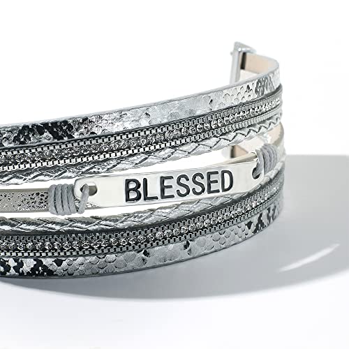 Vercret Leather Wrap Bracelet for Women, Multi-Layer Cuff Bangle | Boho Stacked Bracelets with Safe Clasp Western Bangle Jewelry Gift for Lady and Mom Sister Friend - style: Blessed