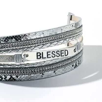 Vercret Leather Wrap Bracelet for Women, Multi-Layer Cuff Bangle | Boho Stacked Bracelets with Safe Clasp Western Bangle Jewelry Gift for Lady and Mom Sister Friend - style: Blessed