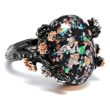 Henrietta Gothic Opal Ring for Women, Fantasy Promise Ring by Ginger Lyne | Simulated White Fire Opal, Cubic Zirconia Black Rose Gold Plated Bold Jewelry Statement Piece For Engagements, Gifts & Events - color: Black