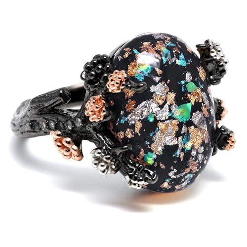 Henrietta Gothic Opal Ring for Women, Fantasy Promise Ring by Ginger Lyne | Simulated White Fire Opal, Cubic Zirconia Black Rose Gold Plated Bold Jewelry Statement Piece For Engagements, Gifts & Events - color: Black