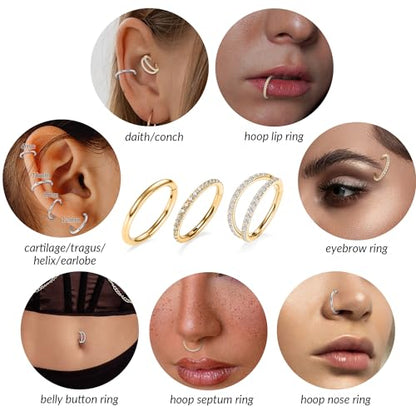 FUNLMO 3Pcs Nose Rings Double Hoop Nose Ring Conch Daith Tragus Helix Rook Piercing Jewelry Surgical Steel Cartilage Earring Conch Hoop Earring Septum Jewelry Lip Ring - color: Style 2: Gold
