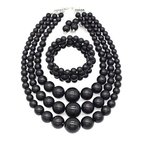 We We Imitation Pearl Necklace for Women Large Chunky Pearl Necklaces Multilayer Pearl Necklace and Earring 1920s Costume Jewelry set - color: black pearl necklace set