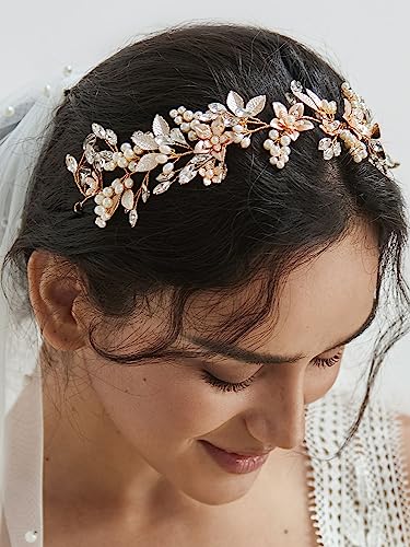 SWEETV Handmade Rhinestone Wedding Headband Flower-Leaf Bridal Headpieces for Wedding Pearl Hair Accessories (Gold) - color: Gold
