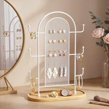 bussdis Jewelry Holder Organizer Earring Display - Earring Storage Tree Stands Towers With 6 Hooks 300 Studs Wood Tray White Metal Rack - color: White