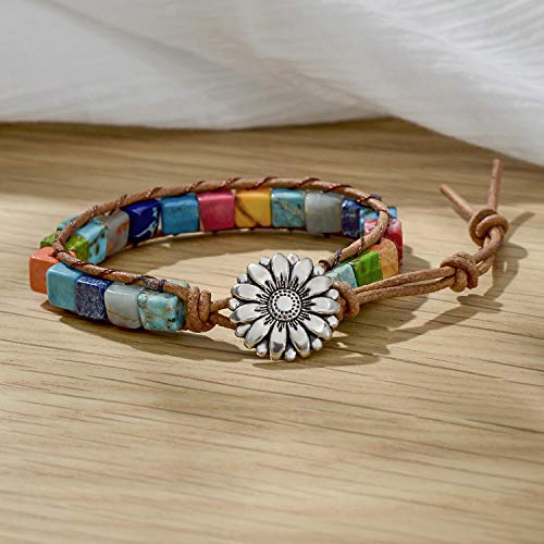 sedmart 7 Chakra Bracelets for Women with Real Stones Leather Wrap Healing Bead Bracelet Women Men Boho Friendship Jewelry - color: A2 Colorful flower button & square stone