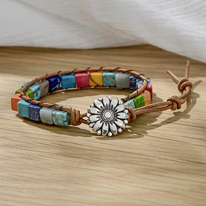 sedmart 7 Chakra Bracelets for Women with Real Stones Leather Wrap Healing Bead Bracelet Women Men Boho Friendship Jewelry - color: A2 Colorful flower button & square stone