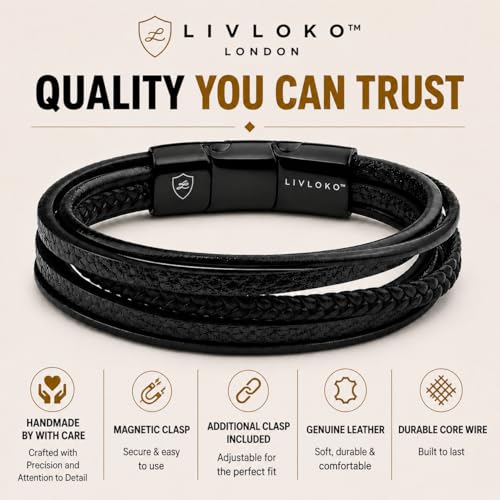 LONDON Mens Bracelet Leather Black Multi-Layer Stone Beads Adjustable Steel Clasp Viking Rope Bands Surfer Man Wristband Male UK Jewellery Gift box Boyfriend Dad Son Brother Tiger Eye - color: C. 19-22cm Black Leather Adjustable, size: Small to Medium 18-
