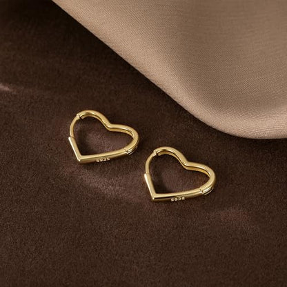 Reffeer Solid 925 Sterling Silver Heart Earrings Hoop Minimalist Sleeper Huggie Earrings For Women - color: B-Yellow