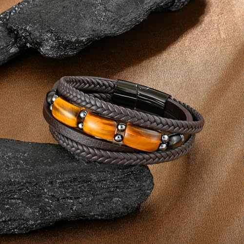 Mens Tiger Eye Leather Bracelet, Natural Tiger Eye Stone Multi-Layer Braided Cuff Bracelets for Men, Stainless Steel with Buckle Memorial Bangle Gifts for Him - color: Brown